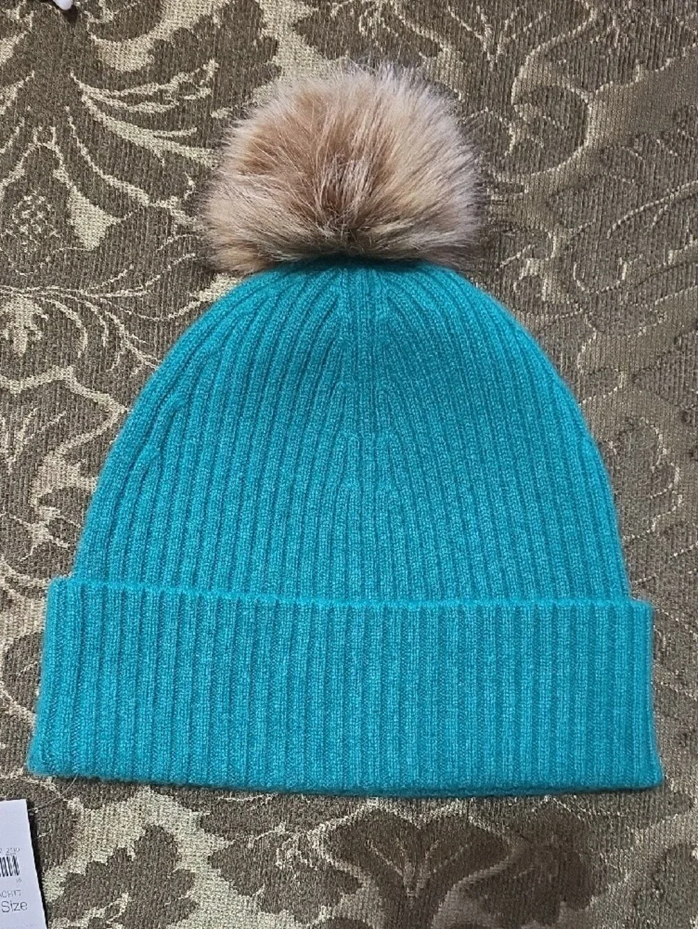 J. Jill Cashmere Teal Knit Beanie with Faux Fur Pom